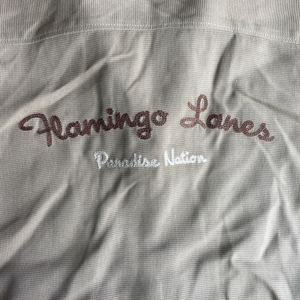 Tommy Bahama Shirt Mens‎ XXL Tan 100% Silk Camp FLAMINGO LANES Bowling Hawaiian - Picture 8 of 8